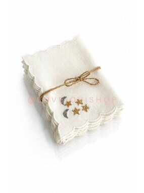Artisan | Linen Napkins Embroidered Scalloped | Celestial Moon Stars | Set of 6